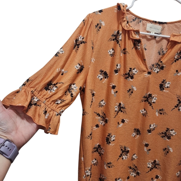 MELLODAY Orange with Black Floral Ruffle Neck Puff Sleeve Blouse Size M Office - Picture 4 of 5